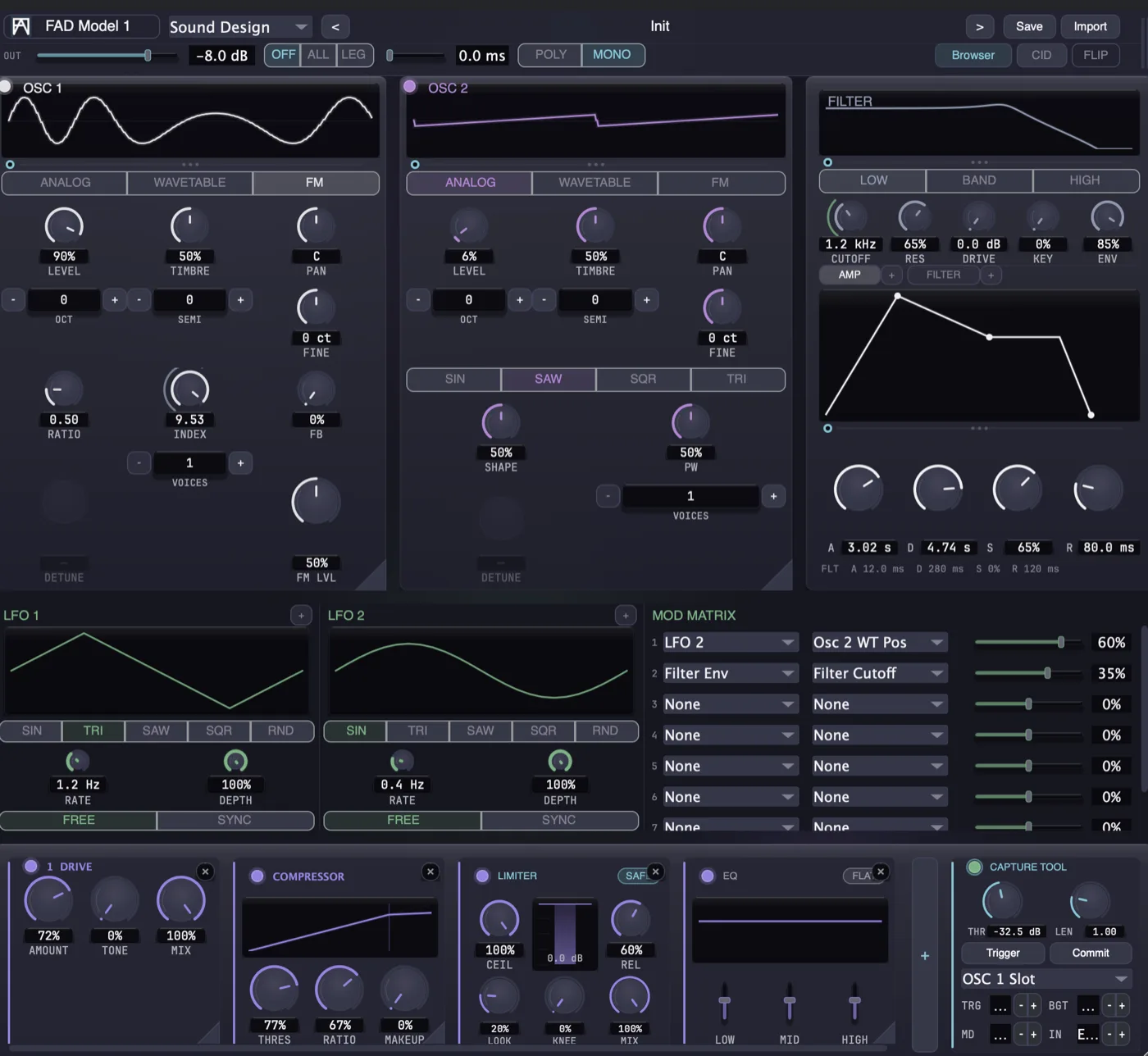 FAD Synth interface, front panel