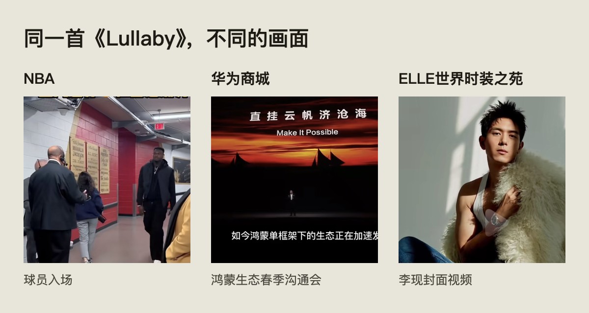 Lullaby used in videos from NBA, Huawei Mall and ELLE China