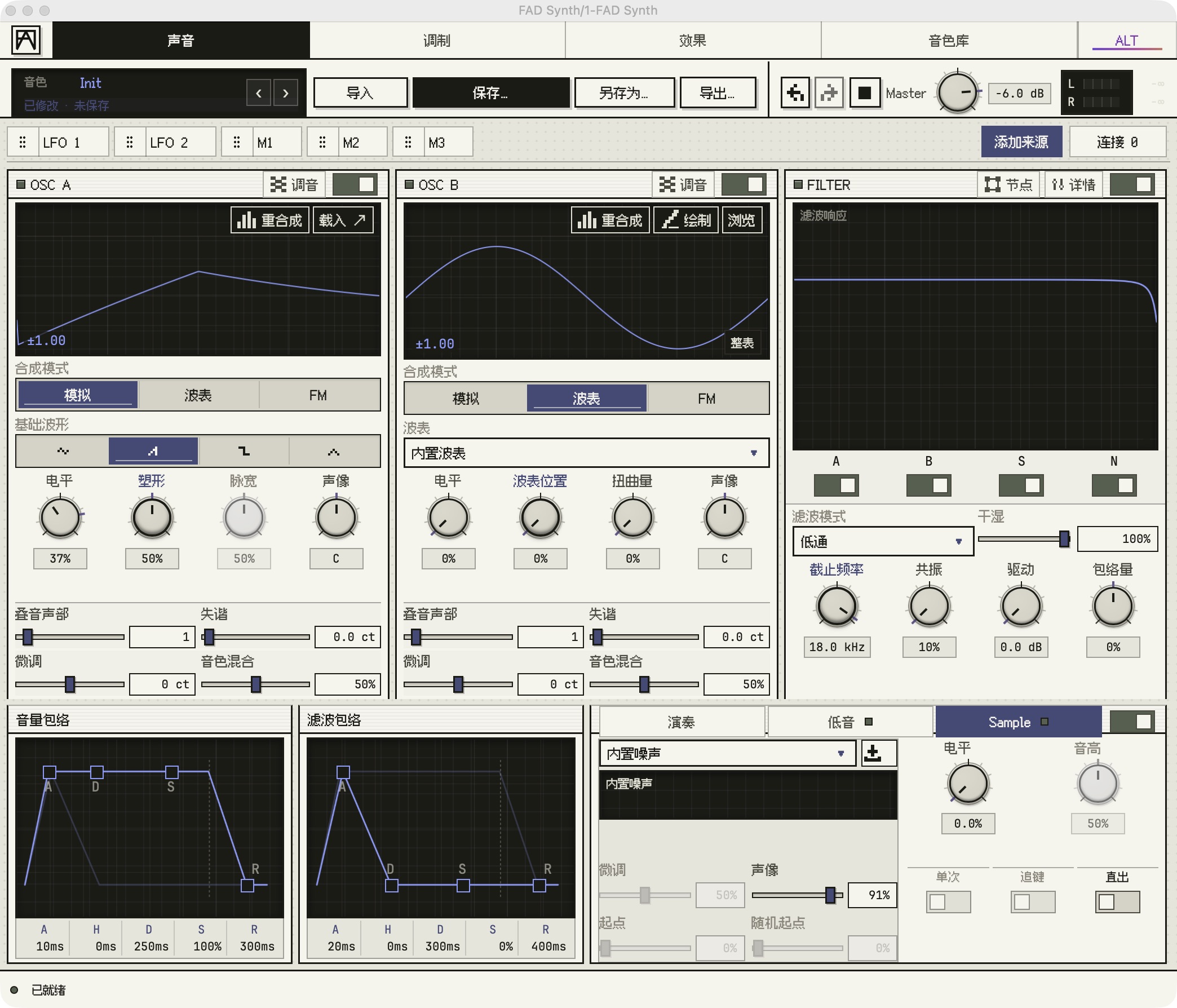 FAD Synth 1.1.4 实际安装界面:振荡器、滤波响应、包络曲线与 Sample 控件